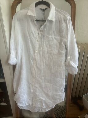 Lightweight White Button-Front Swim Coverup Shirt